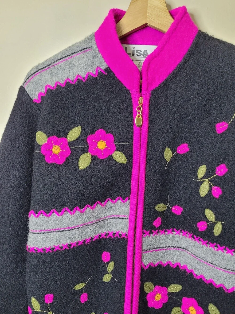 Lisa Internantional Boiled Wool Floral Cardigan Sweater